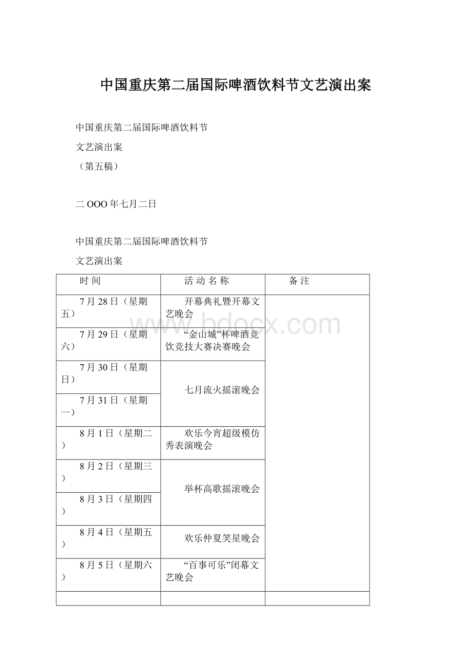 中国重庆第二届国际啤酒饮料节文艺演出案Word下载.docx_第1页