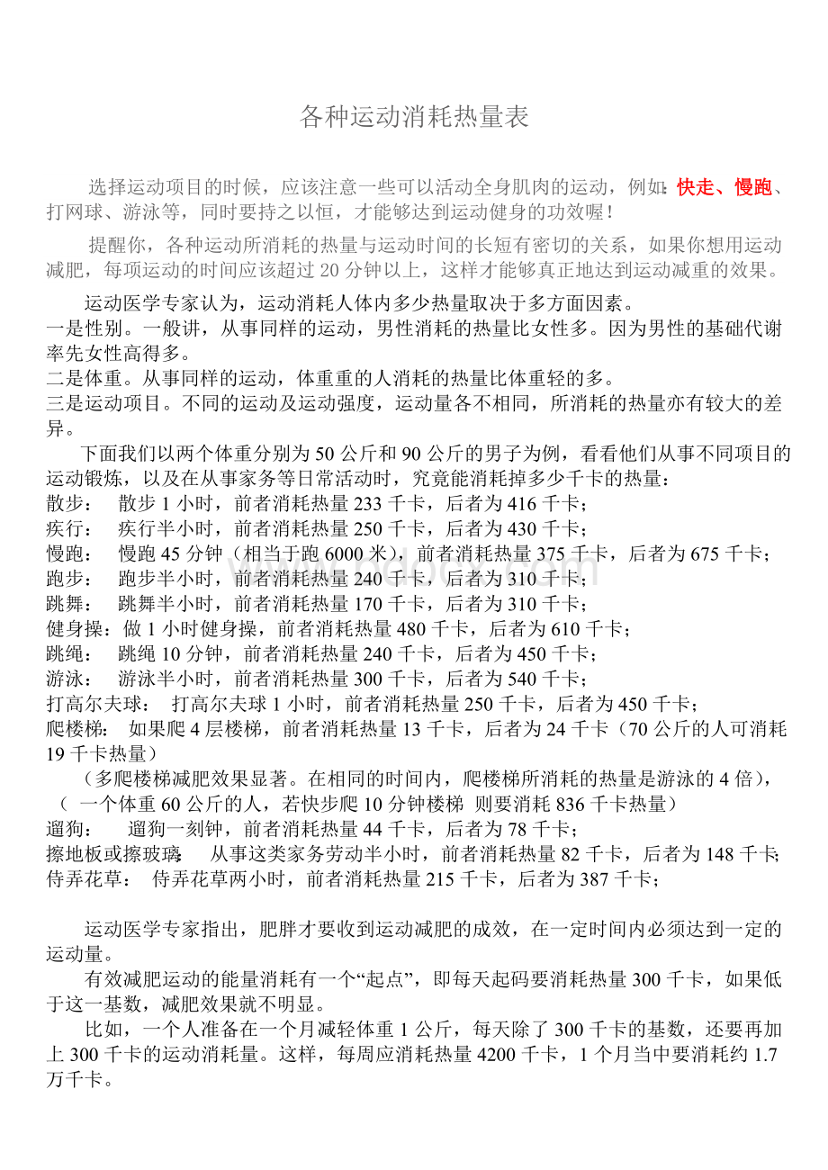 60分钟各项运动所耗热量表Word文档格式.doc_第1页