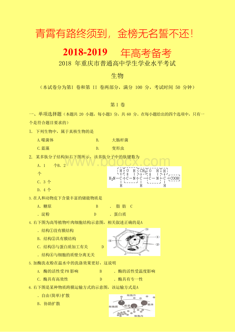 重庆市2018-2019学年普通高中学生学业水平模拟考试生物试题-附答案精品Word格式文档下载.docx_第1页