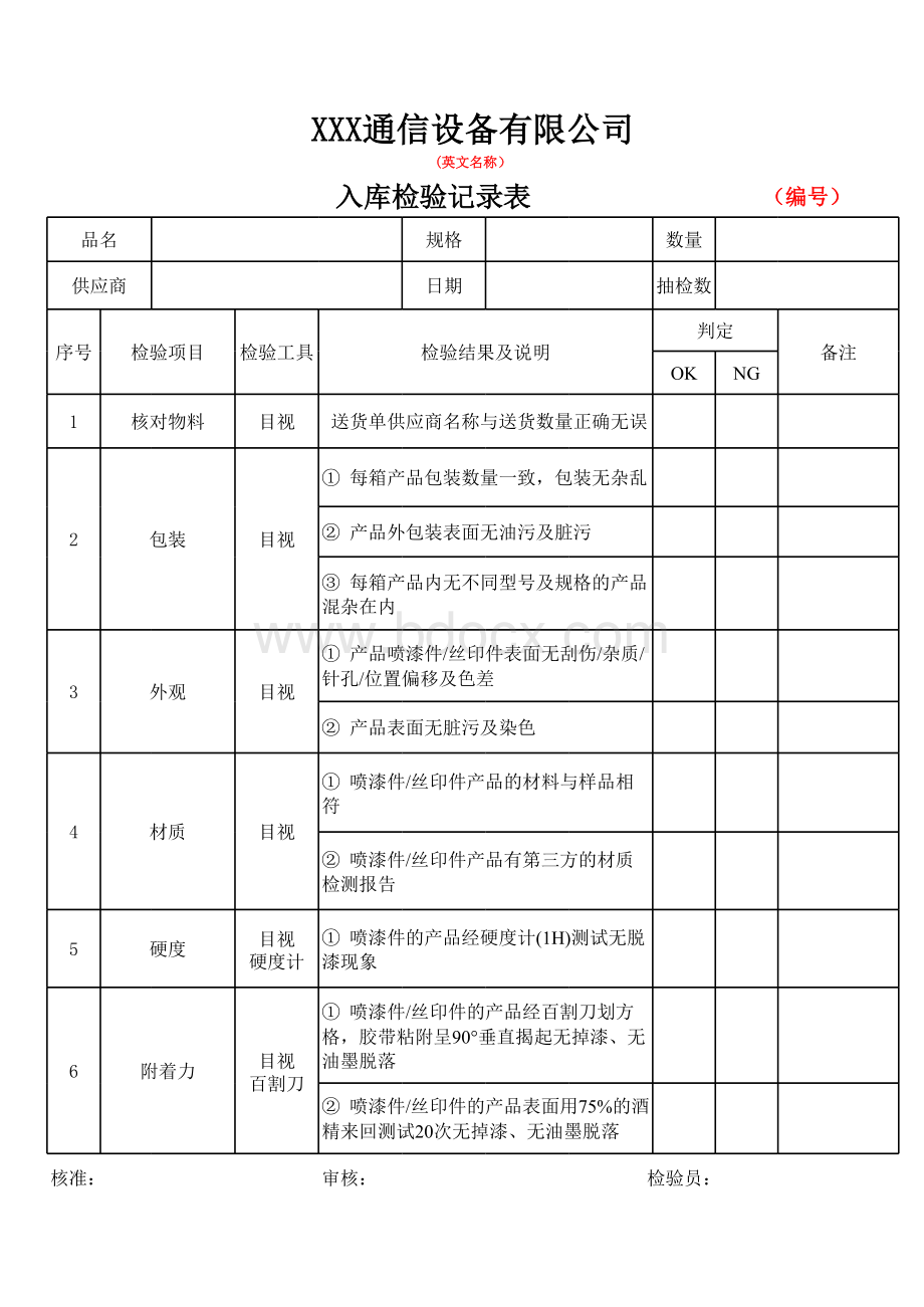 入库检验记录表表格文件下载.xls