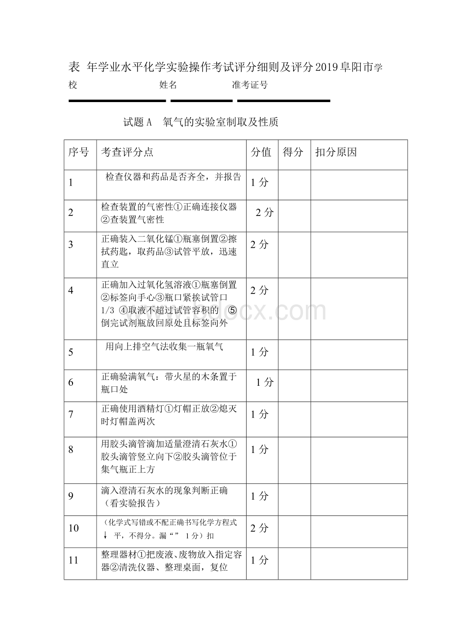 完整版阜阳市2019年学业水平化学实验操作考试试卷及评分标准Word文件下载.doc_第3页