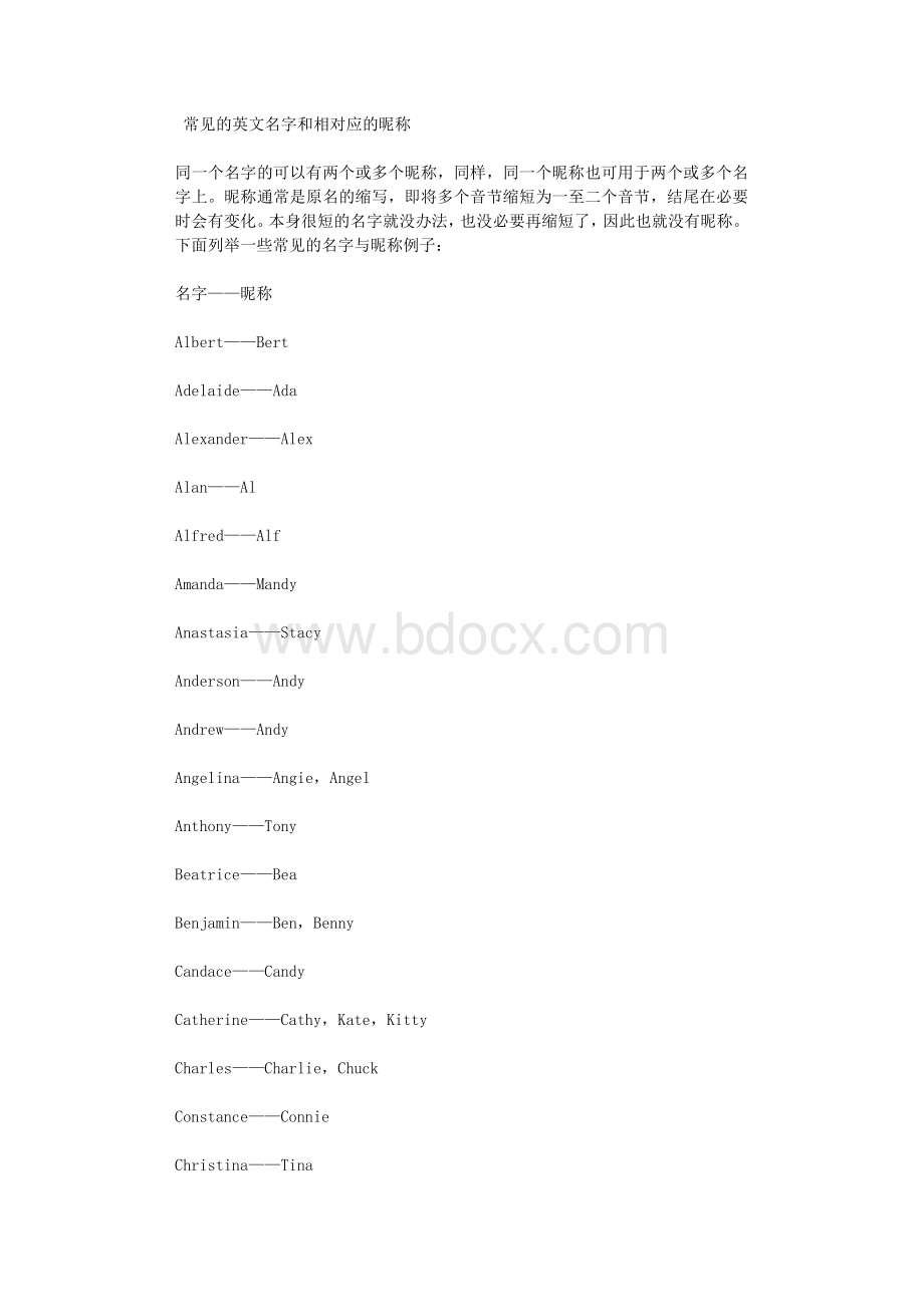 常见的英文名字和相对应的昵称.txt资料文档下载_第1页