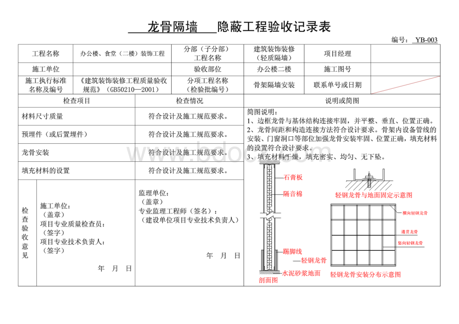 轻钢龙骨隔墙-隐蔽工程验收记录.doc_第3页