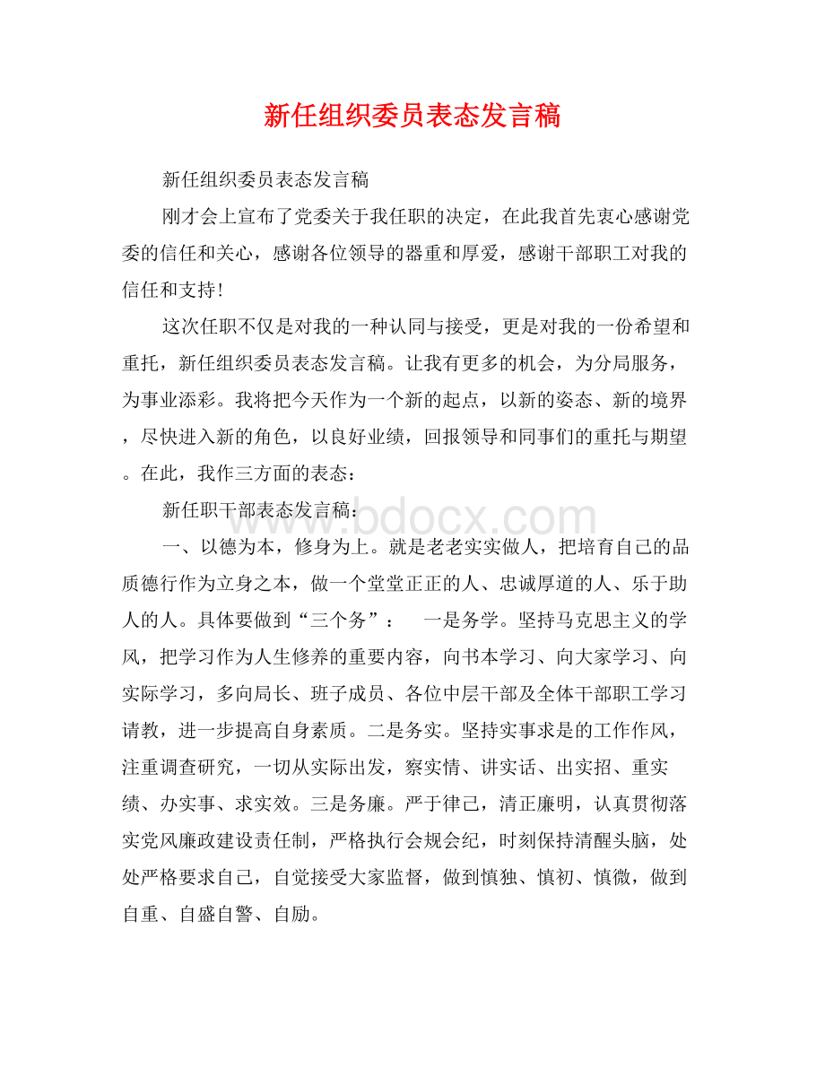 新任组织委员表态发言稿 (1)Word格式.doc