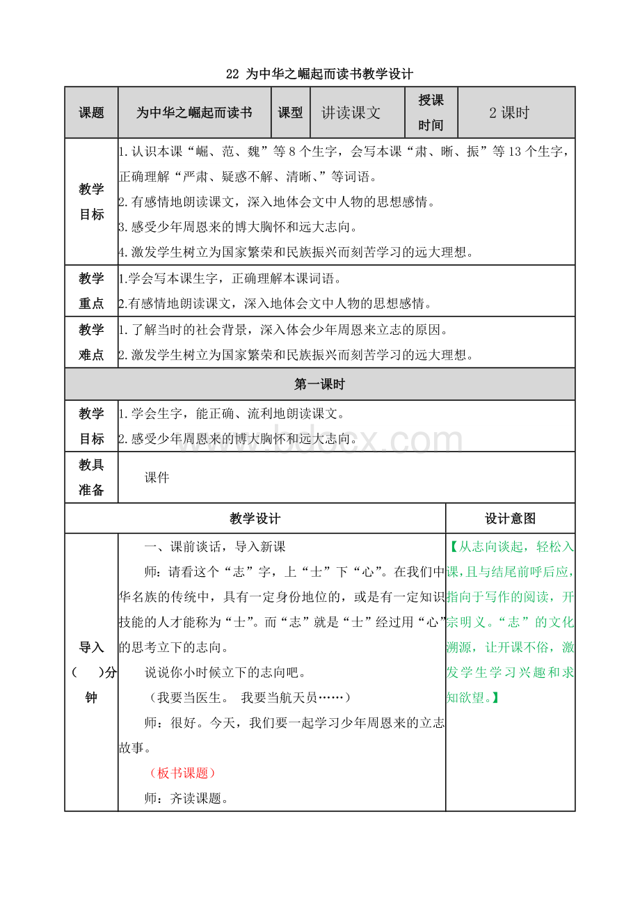 全新部编版四年级语文上册22.为中华之崛起而读书教学设计（含反思）.docx_第1页