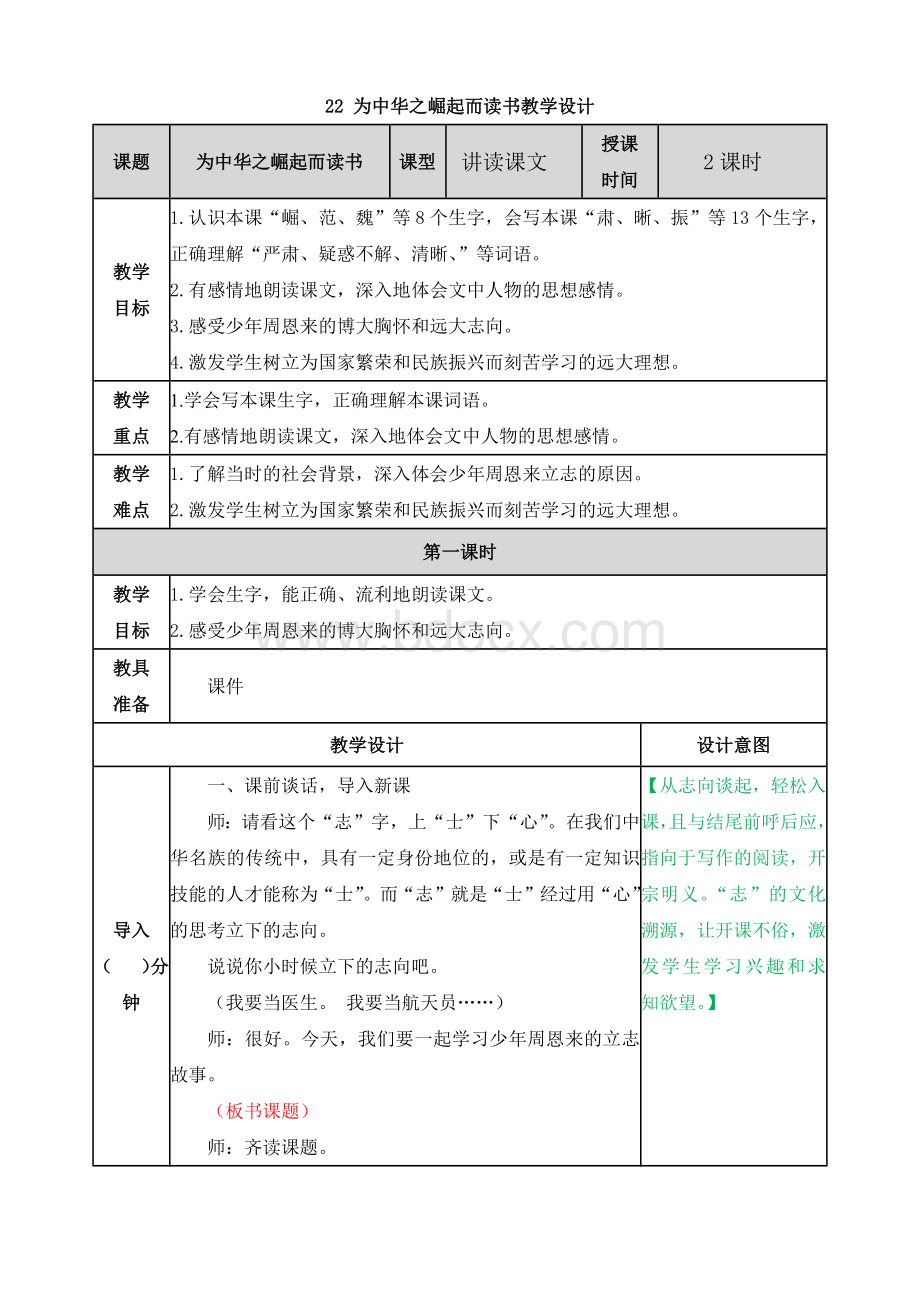 全新部编版四年级语文上册22.为中华之崛起而读书教学设计（含反思）Word文档格式.docx_第1页