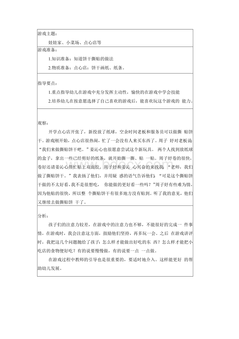 幼儿园角色游戏点心店观察记录文档格式.docx