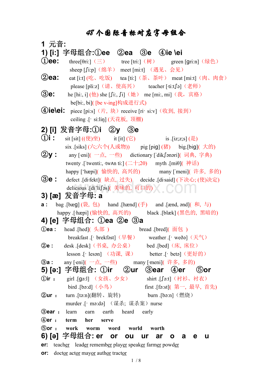 个国际音标对应字母组合Word下载.doc_第1页