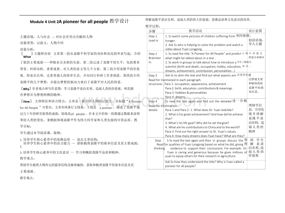 Module 4 Unit 2 A pioneer for all people 教学设计.docx_第1页