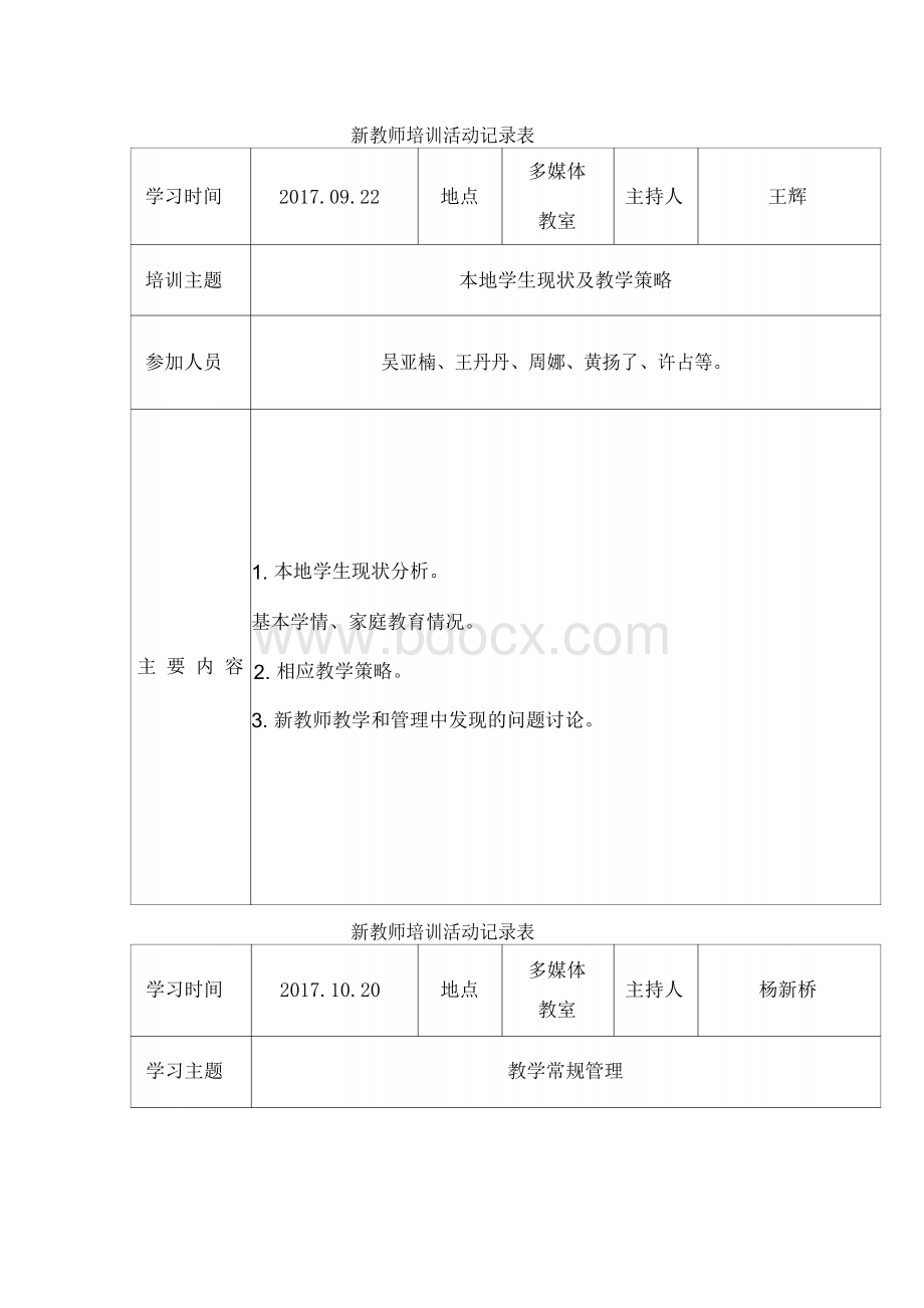 新教师培训活动记录表Word文件下载.docx