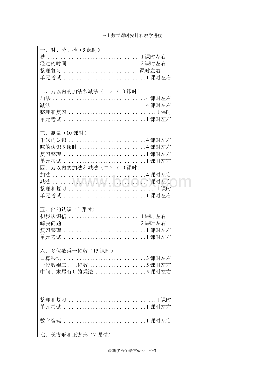 最新人教版小学数学三年级上册课时安排和教学进度09.docx