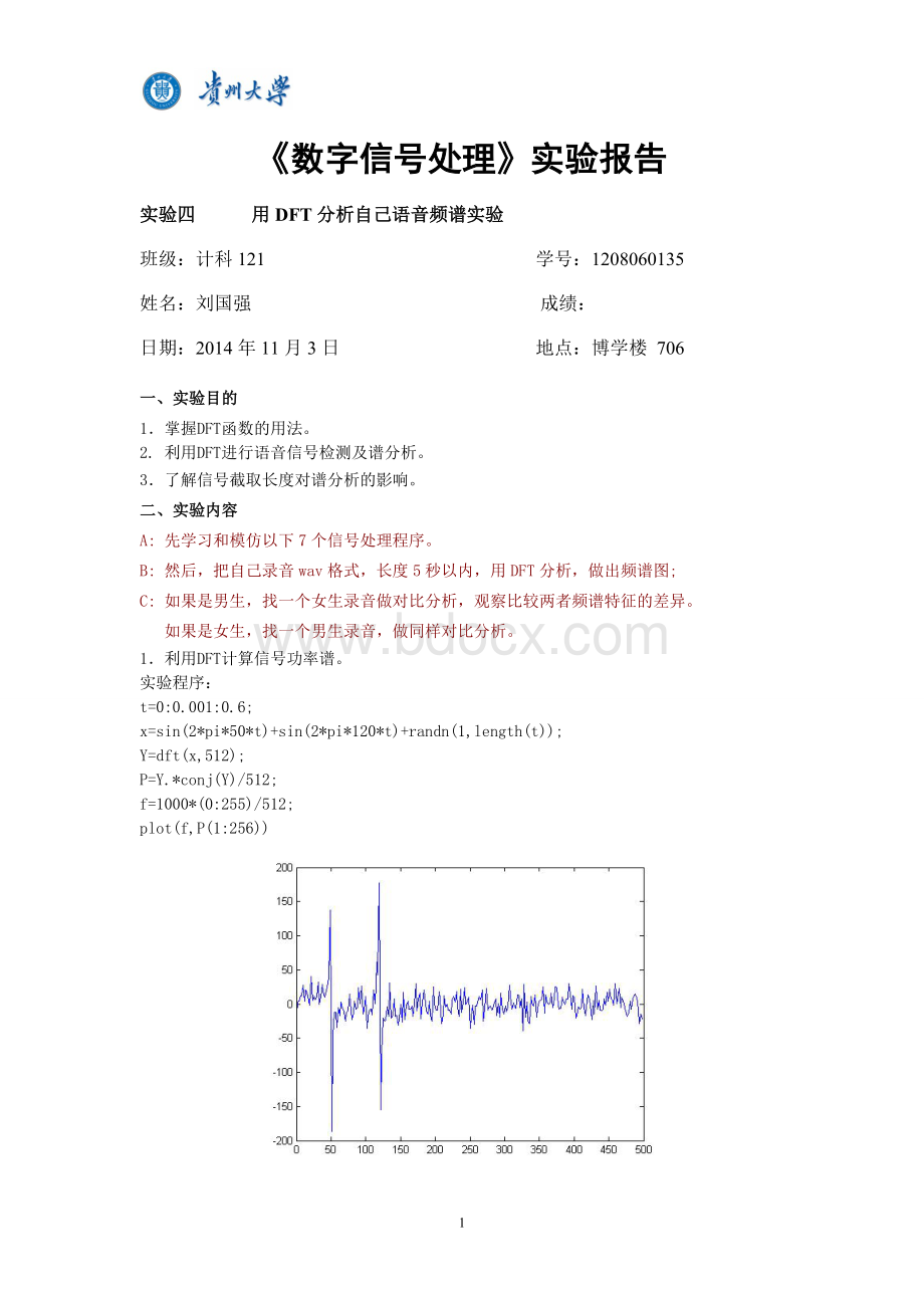 数字信号实验-用DFT分析自己语音频谱实验Word格式文档下载.doc_第1页