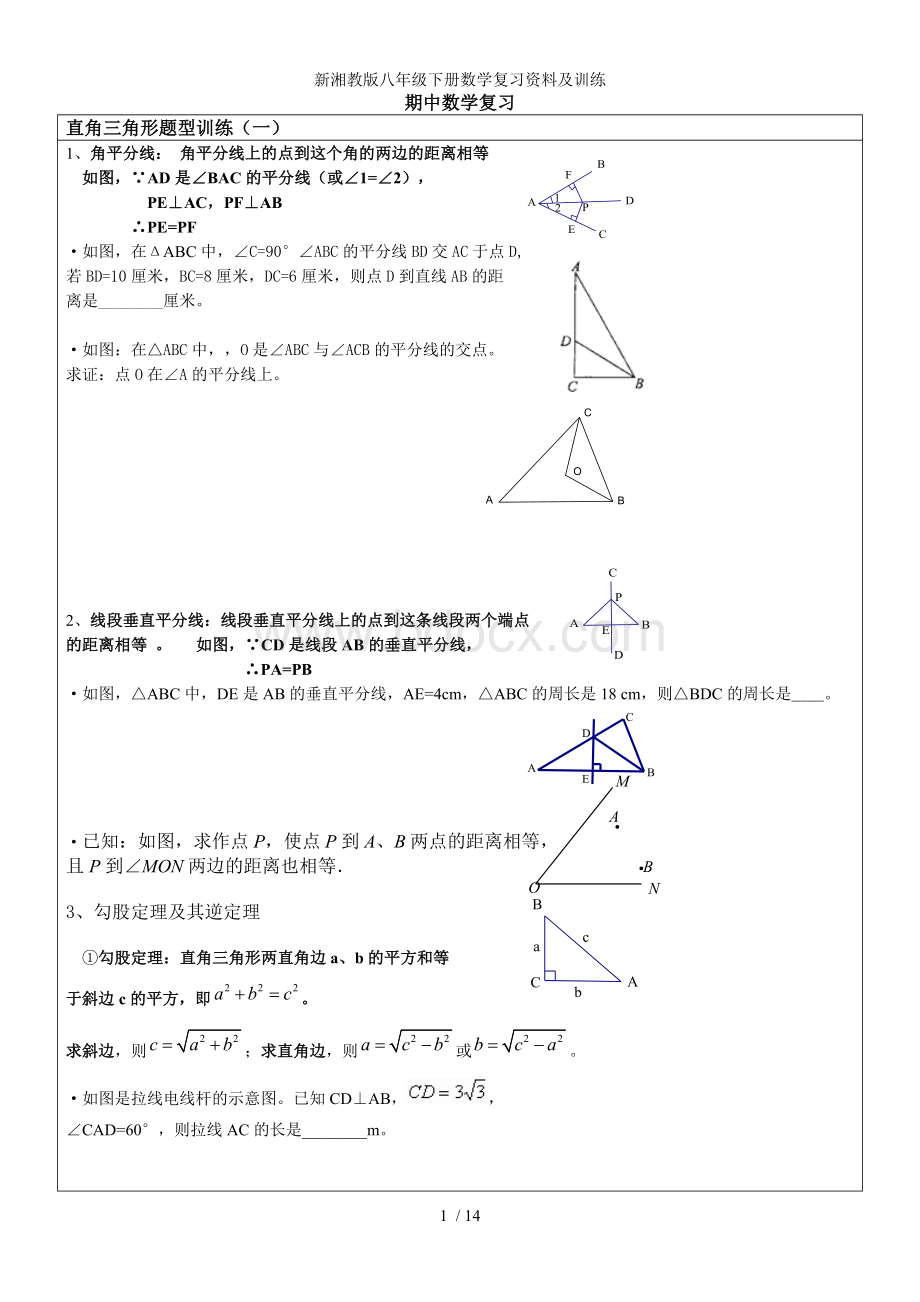 新湘教版八年级下册数学复习资料及训练.doc