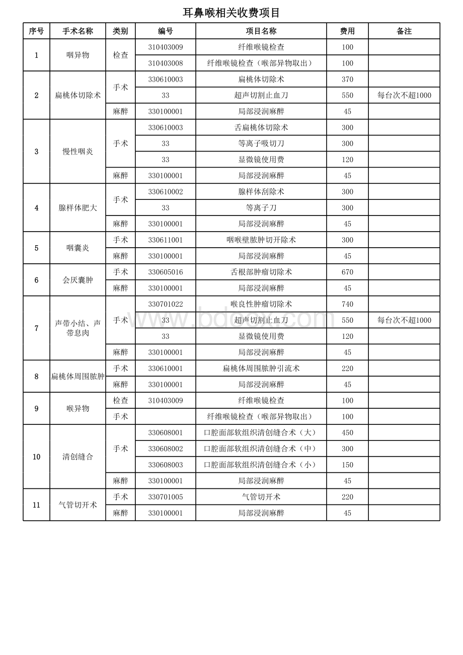 耳鼻喉相关收费项目表格文件下载.xls_第1页