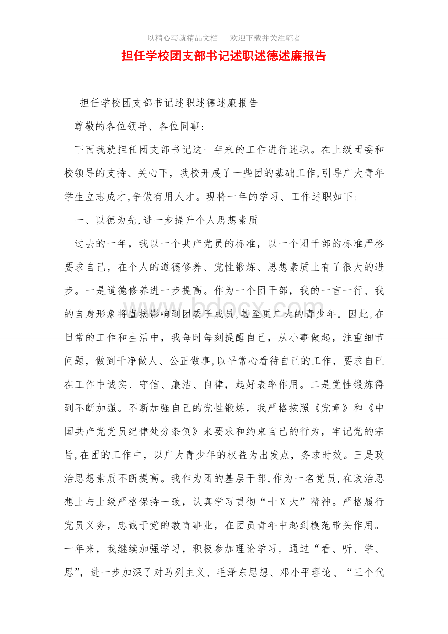 2020年担任学校团支部书记述职述德述廉报告范文文档格式.doc_第1页