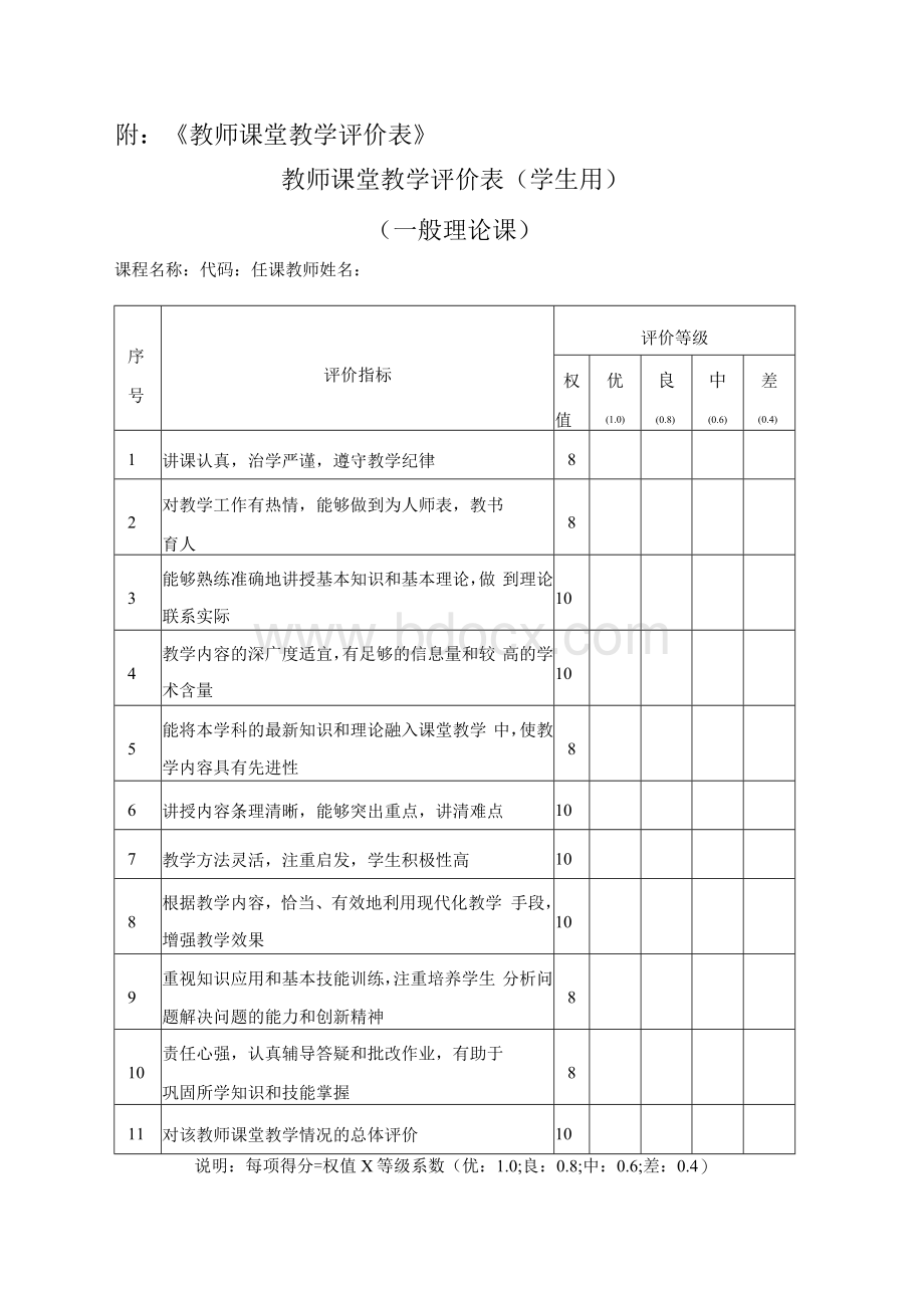 《教师课堂教学评价表》模版.docx