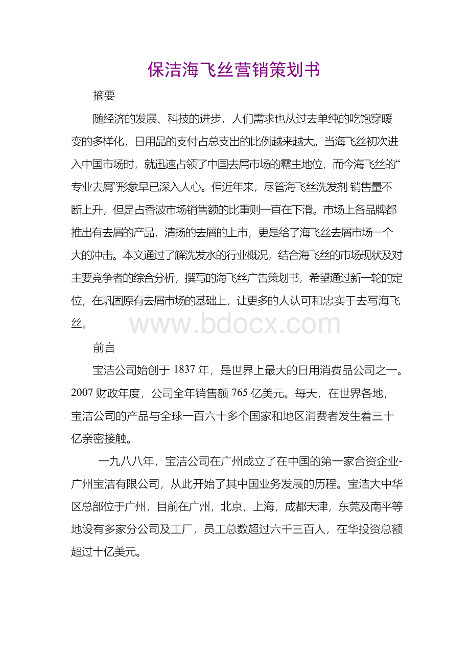 保洁海飞丝营销策划书文档格式.docx_第1页