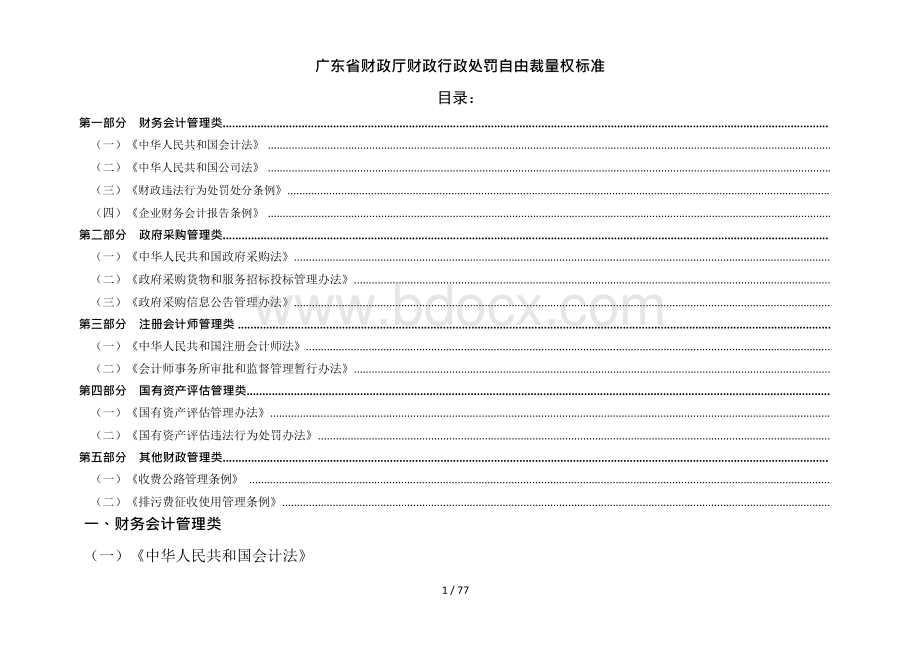 广东财政厅财政行政处罚自由裁量权标准目录.docx_第1页