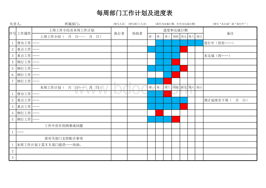 每周部门工作计划及进度表表格文件下载.xls