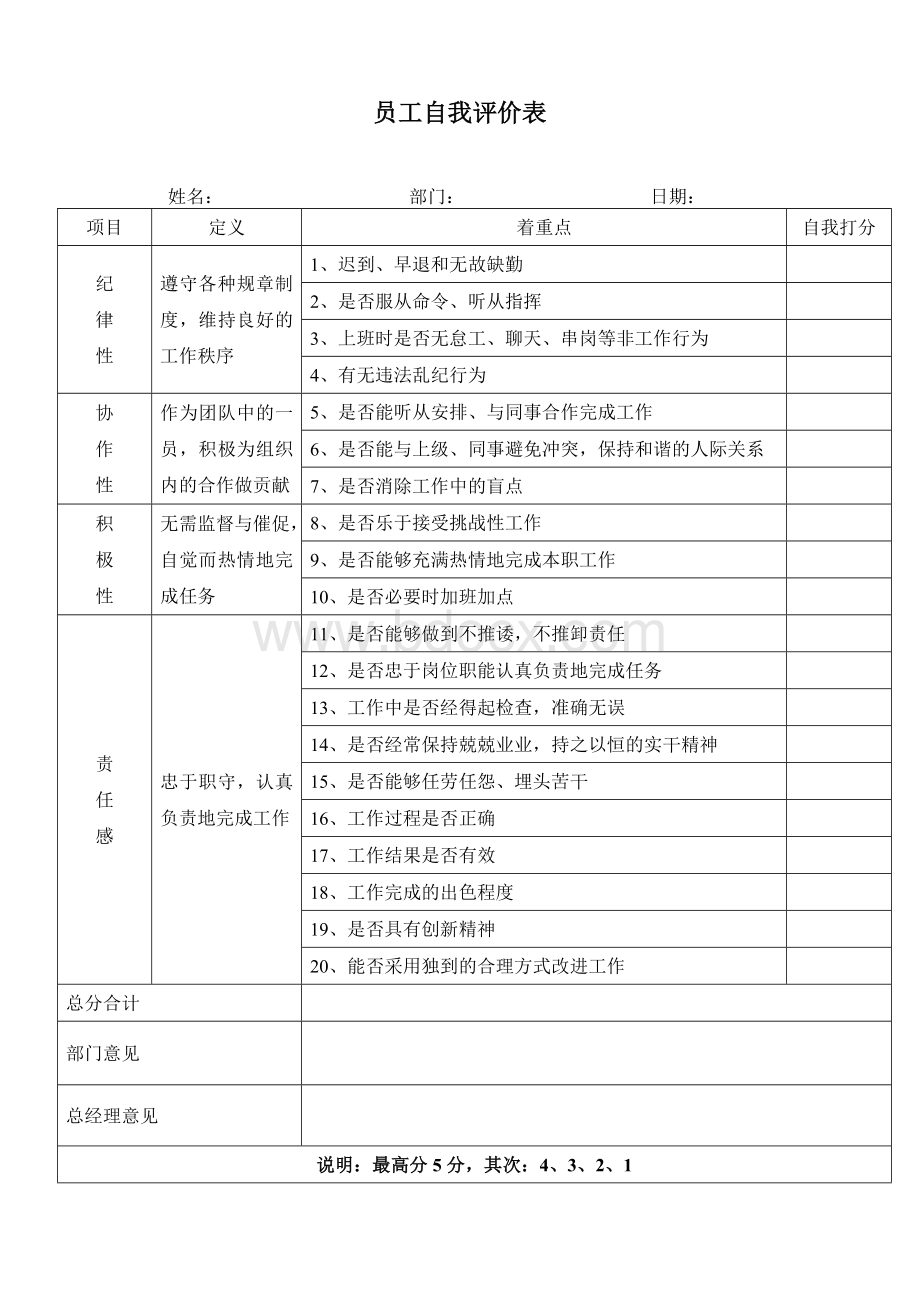 员工自我评价表Word文档格式.doc_第1页