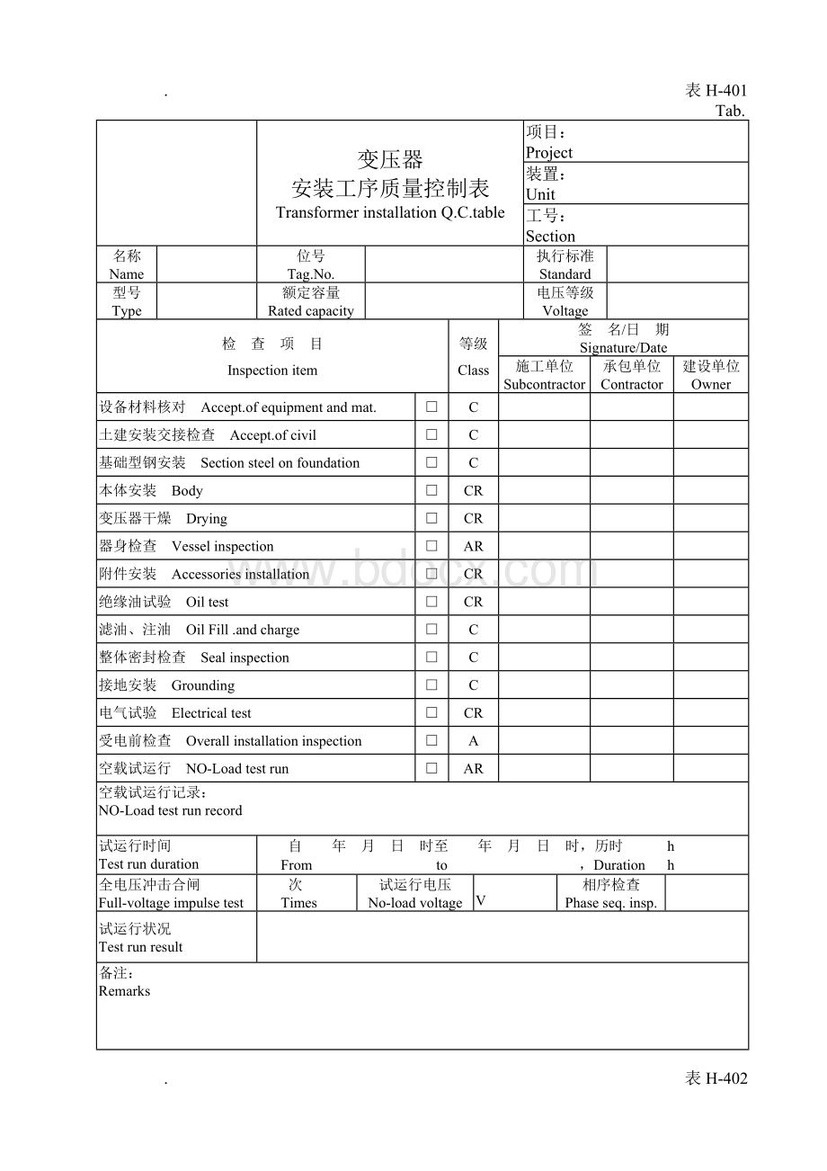 化工施工验收电气仪表表格.doc_第1页