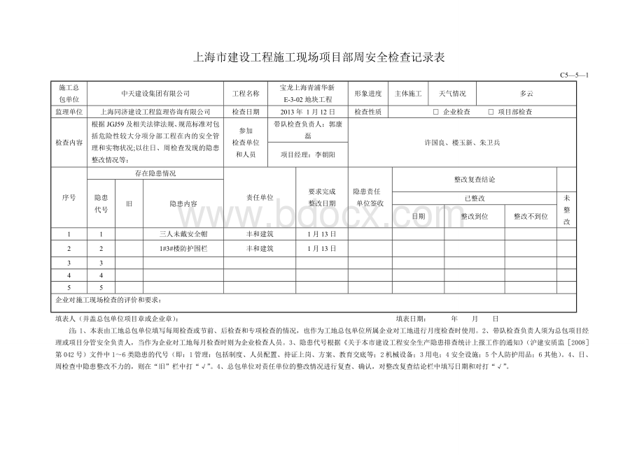 上海市建设工程施工现场项目部周安全检查记录表.doc