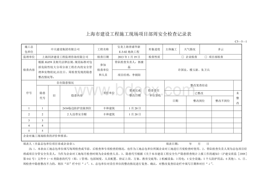 上海市建设工程施工现场项目部周安全检查记录表文档格式.doc_第2页