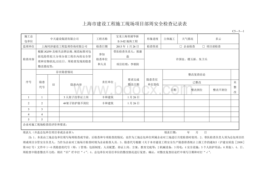 上海市建设工程施工现场项目部周安全检查记录表文档格式.doc_第3页