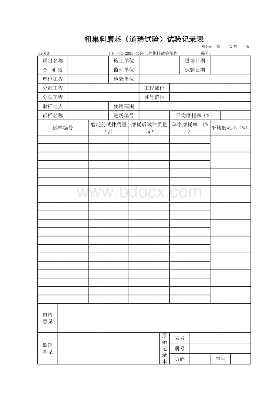 SYD13粗集料磨耗(道瑞试验)试验记录表表格文件下载.xls