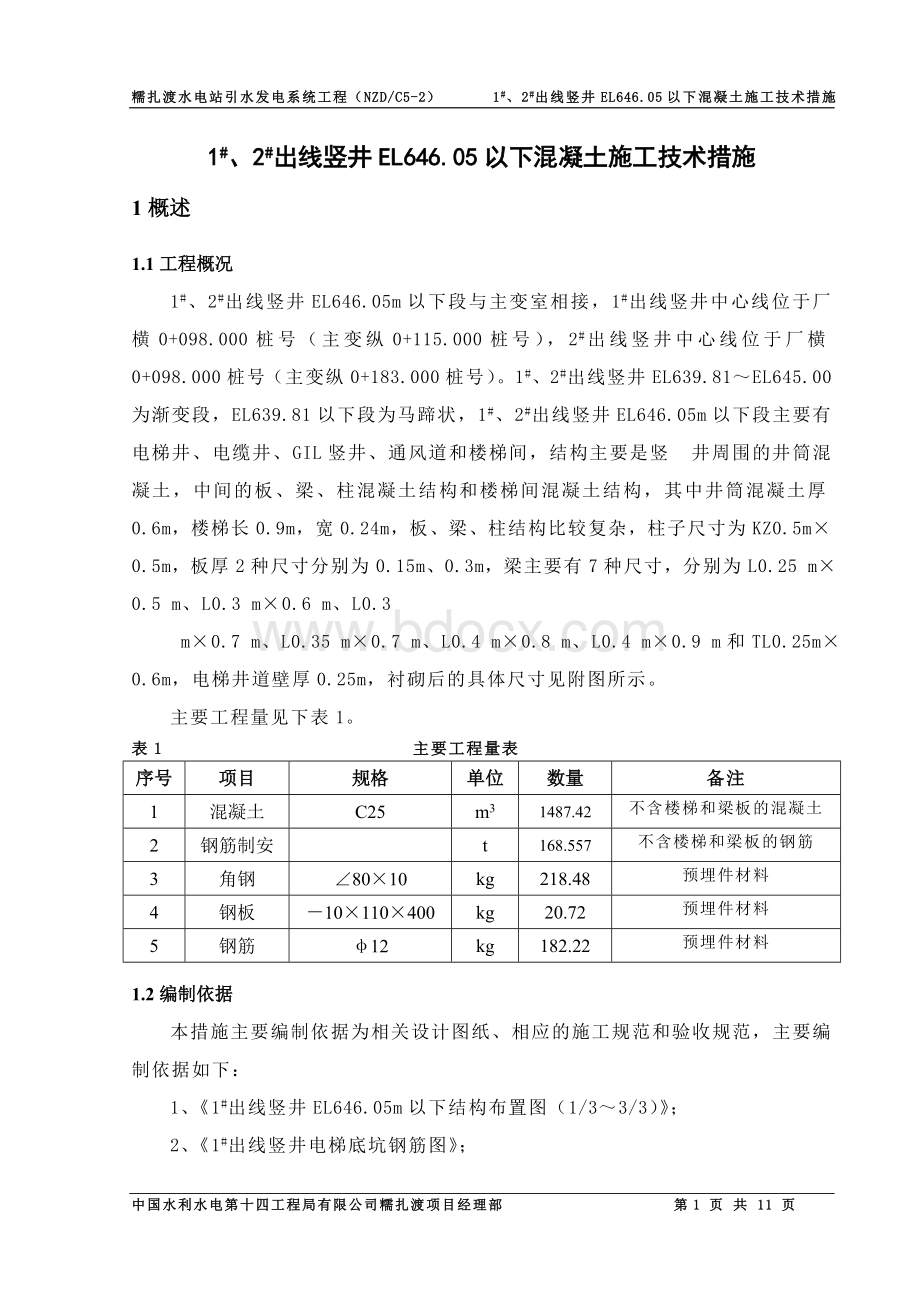 出线竖井EL以下混凝土施工技术措施.doc