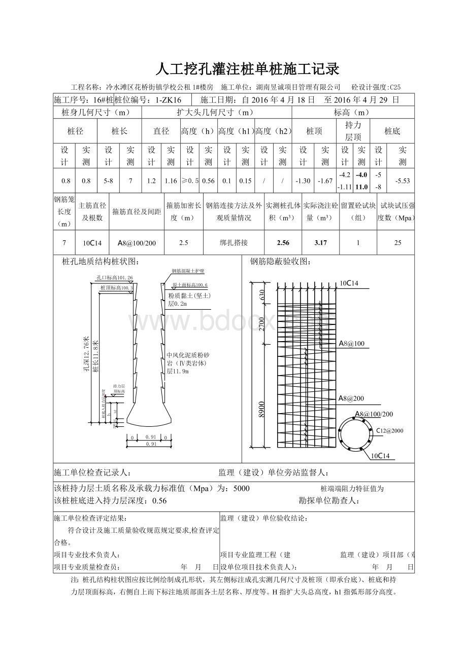 人工挖孔灌注桩单桩施工记录1.doc