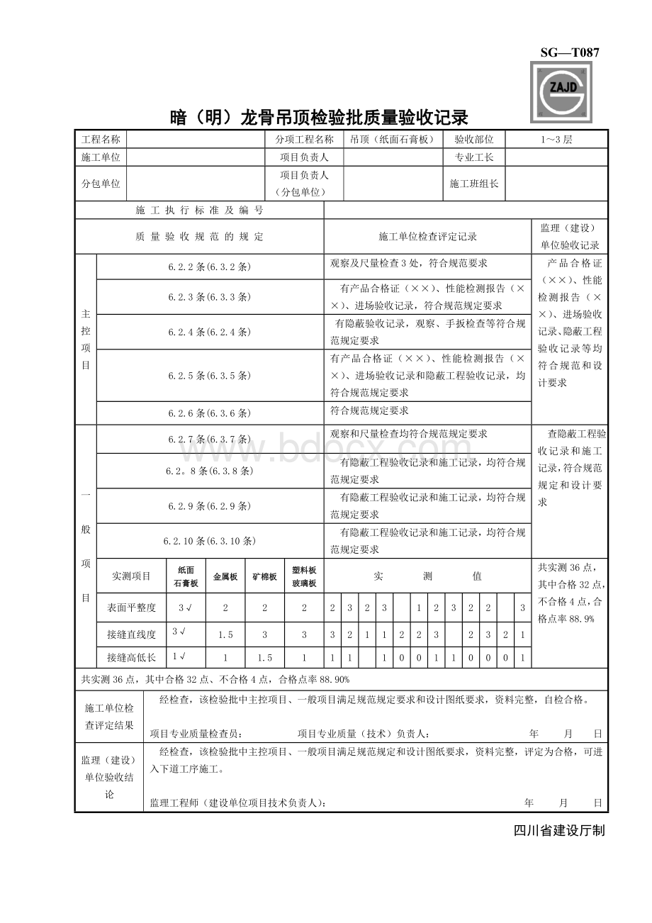 SG-T087明(暗)龙骨吊顶检验批质量验收记录文档格式.doc_第1页