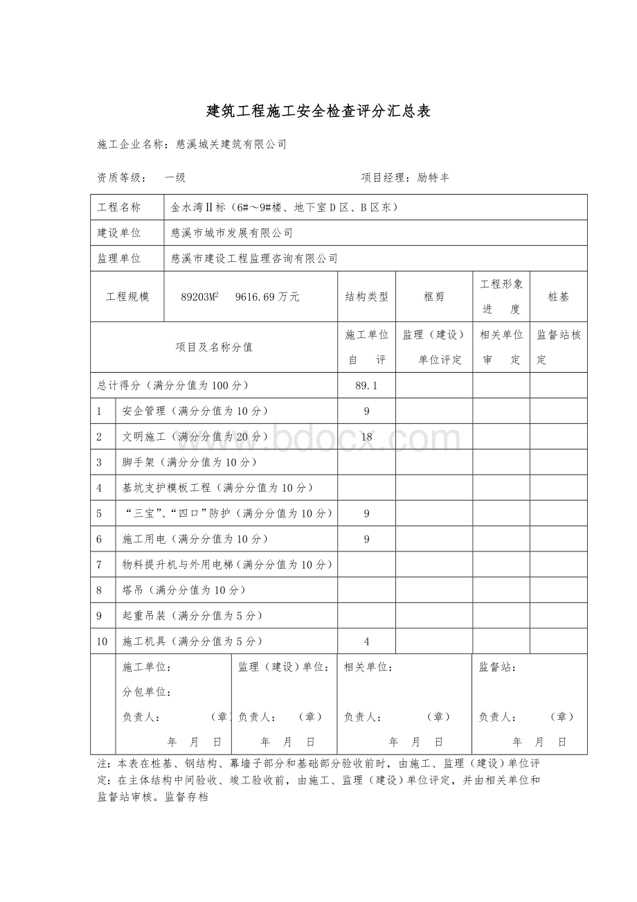 建筑工程施工安全检查评分汇总表Word下载.doc