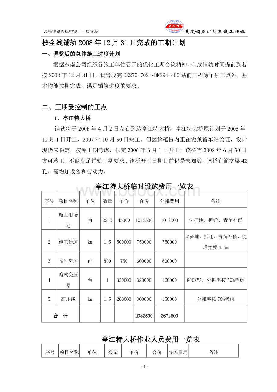 新-温福铁路Ⅳ标中铁11局段工期优化计划.doc