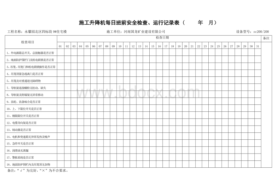 施工升降机日常运行检查记录表.doc_第1页