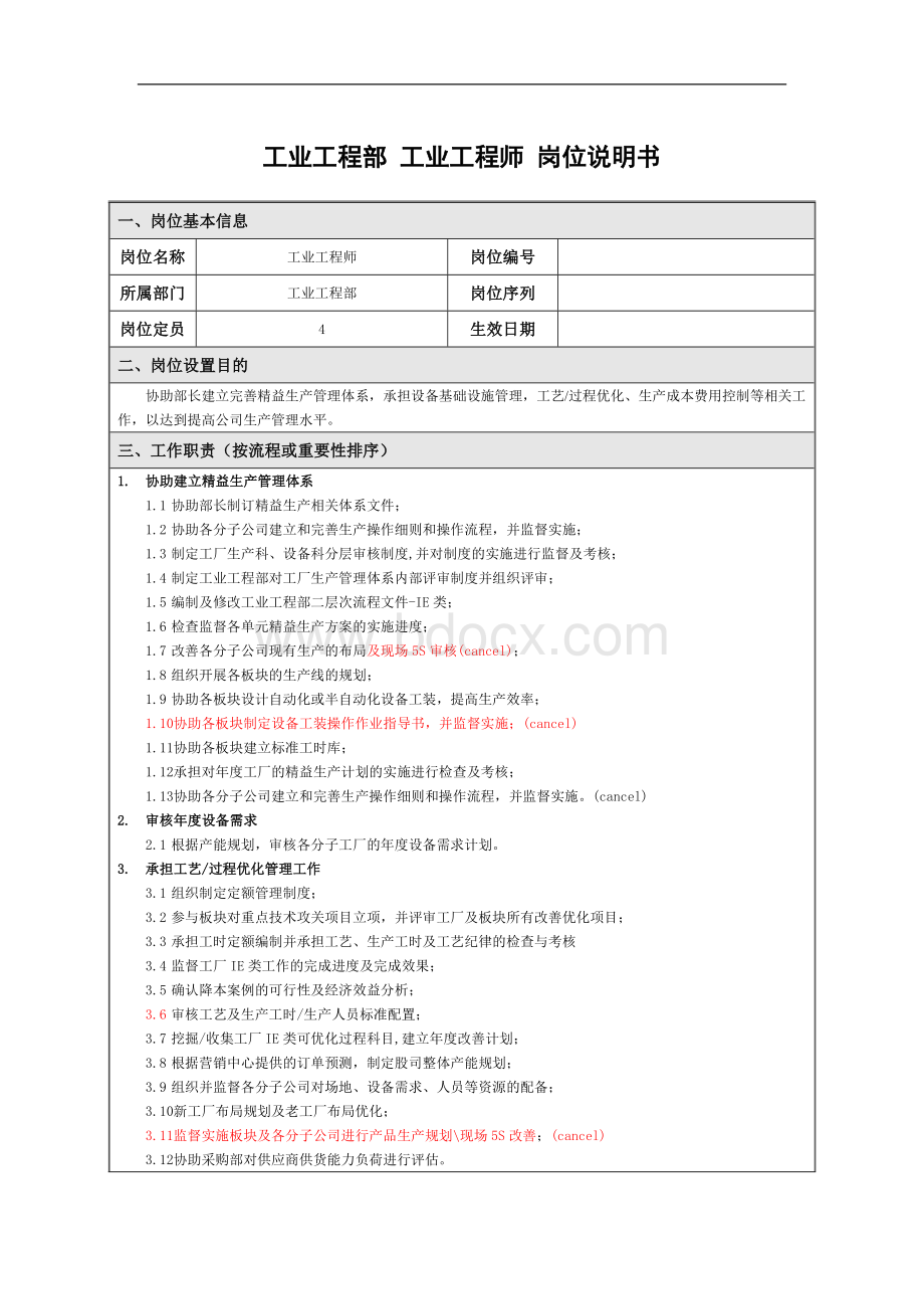 工业工程师岗位职责说明书Word格式.docx