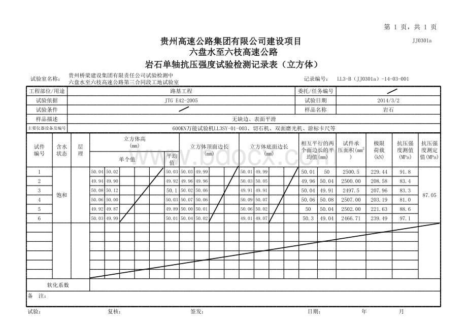 岩石单轴抗压试验记录(立方体).xls