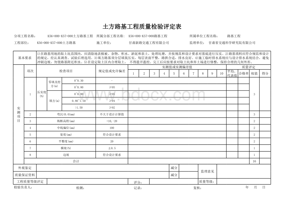 土方路基质量检验评定表表格文件下载.xls_第1页