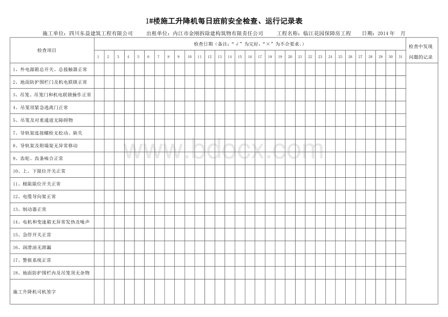 施工升降机每日班前安全检查、运行记录表.doc_第1页