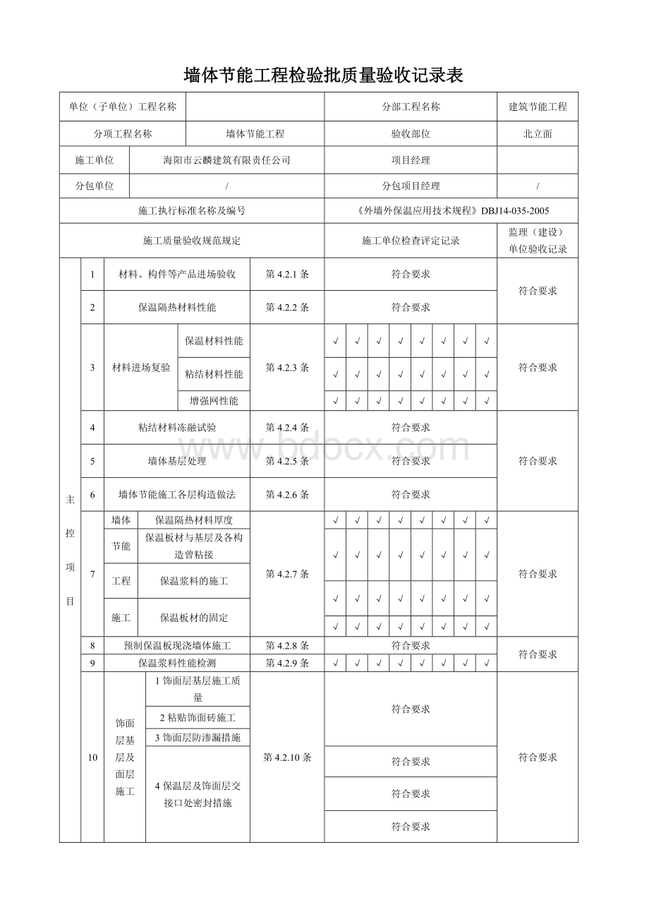 四：墙体节能工程检验批质量验收记录表Word文档格式.doc_第1页