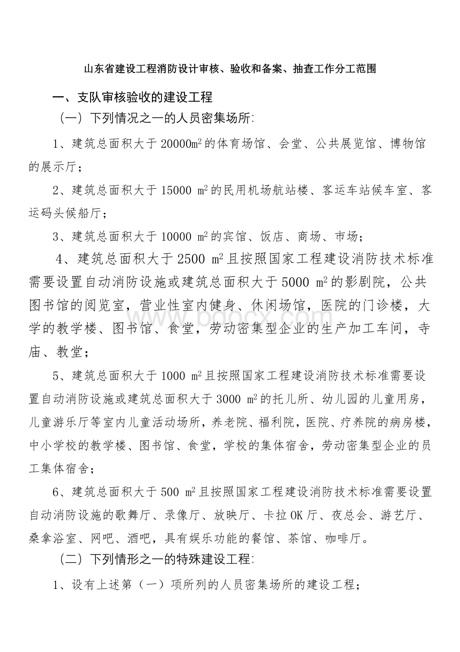 山东省建设工程消防设计审核、验收和备案、抽查工作分工范围Word格式.doc