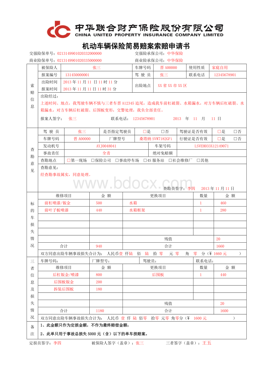 B-3-2机动车辆保险简易赔案索赔申请书Word格式文档下载.doc