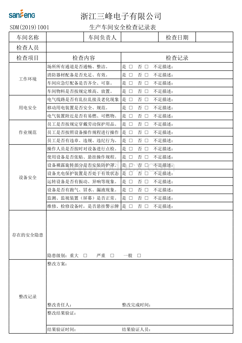 生产车间安全检查记录表.xls_第1页