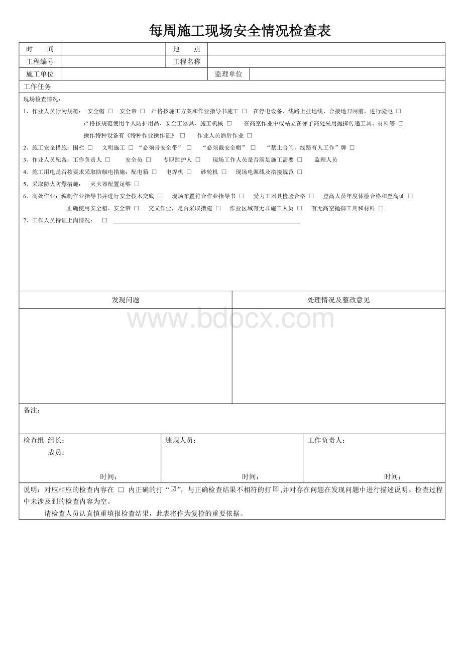 每日施工现场安全情况检查表.doc_第1页