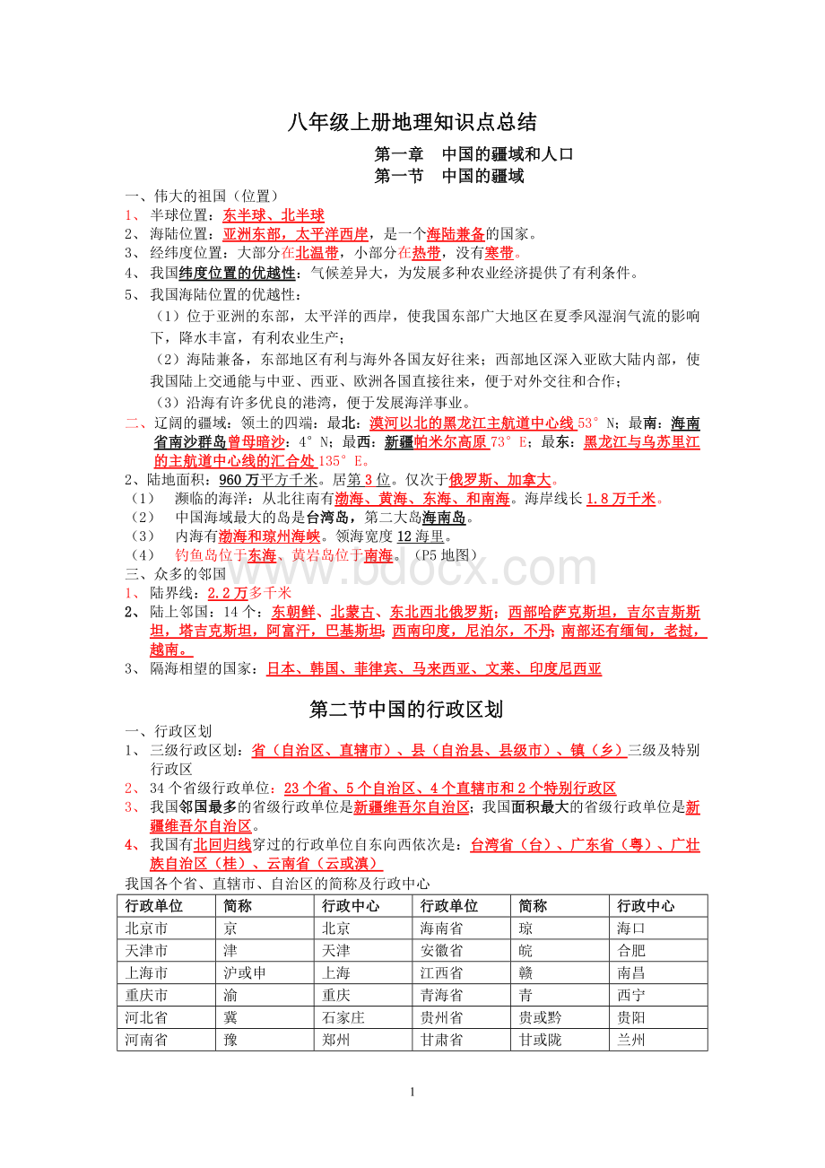 湘教版版八年级上册地理知识点总结Word下载.doc