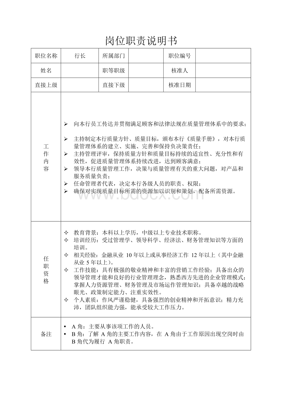 商业银行全员岗位职责说明书1材料文档格式.docx_第1页