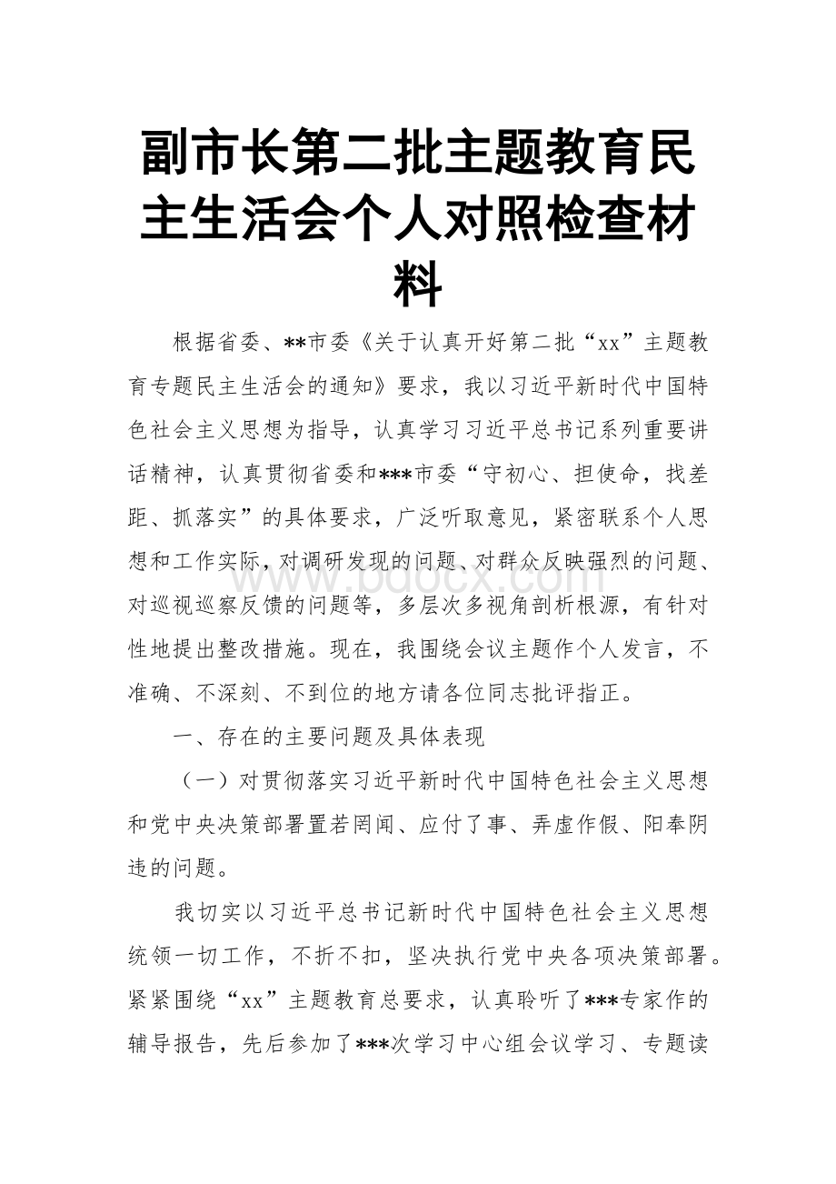 副市长第二批主题教育民主生活会个人对照检查材料.docx