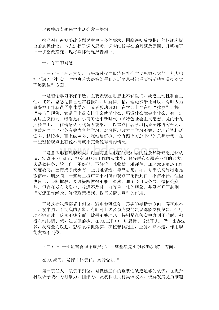 巡视整改专题民主生活会发言提纲.docx