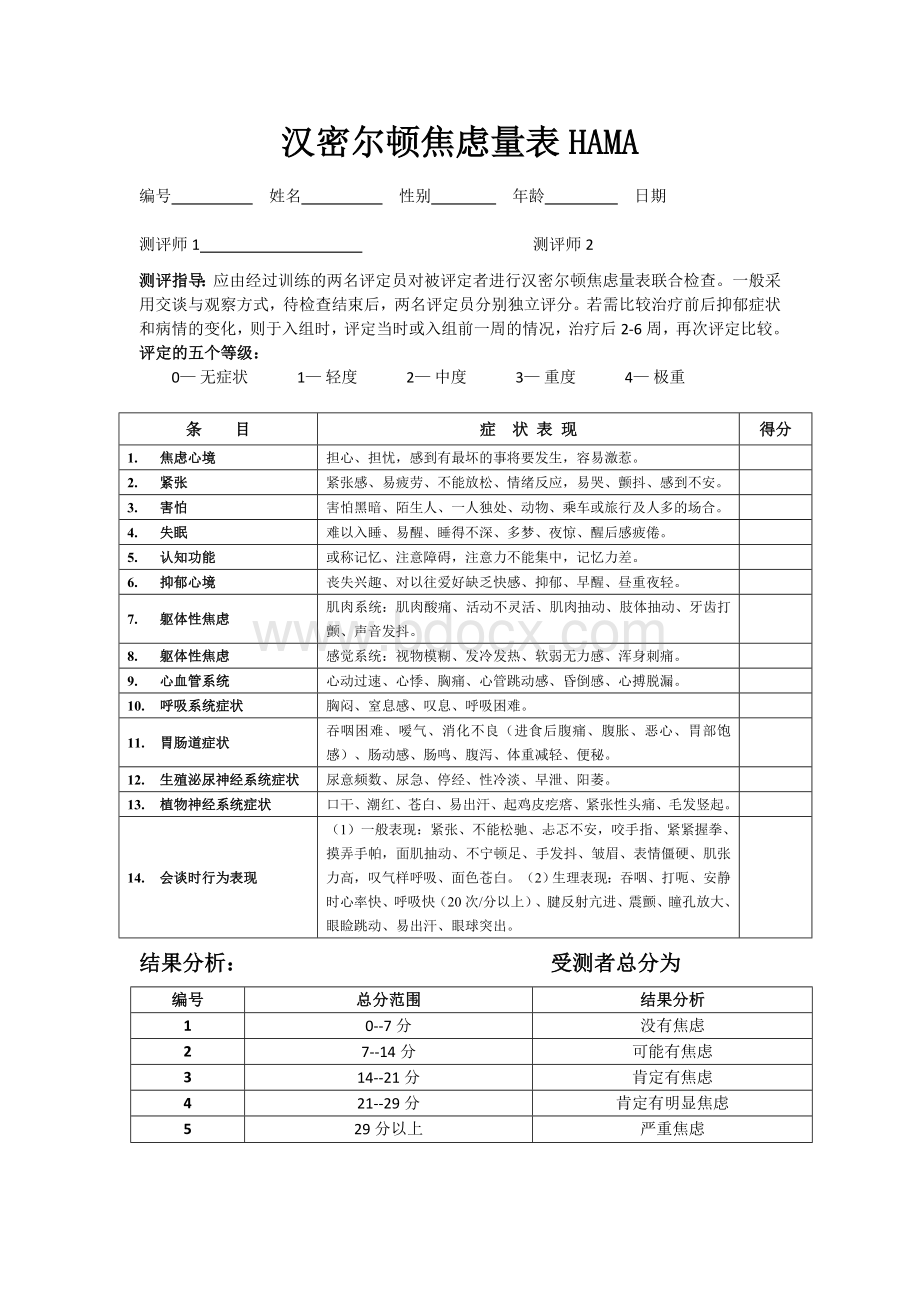 汉密尔顿焦虑量表HAMA(14项打印版)Word格式.doc