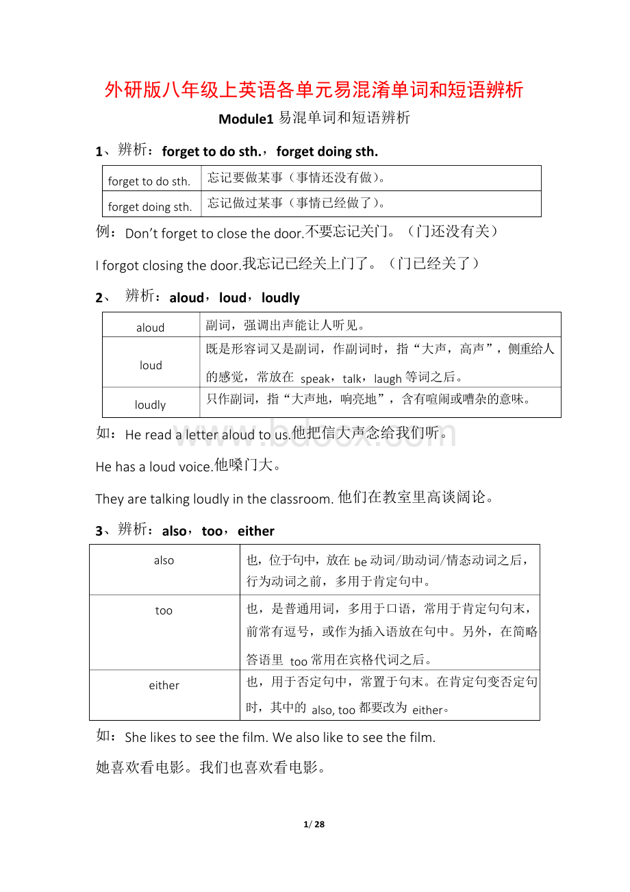 外研版8年级上英语各模块易混淆词汇及短语辨析Word文档下载推荐.docx